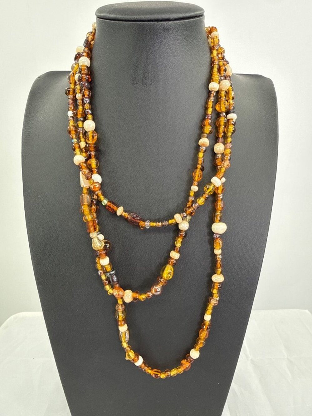 Vtg Italian Glass Bead Long Opera Flapper Necklace Amber Brown Whimsigoth